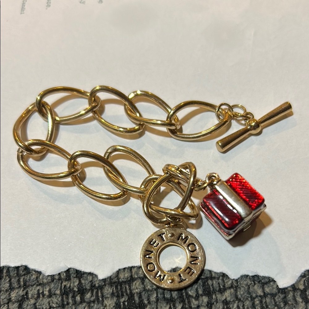 Monet Gold and Red Chain-Link Bracelet with Charm - Picture 3 of 3